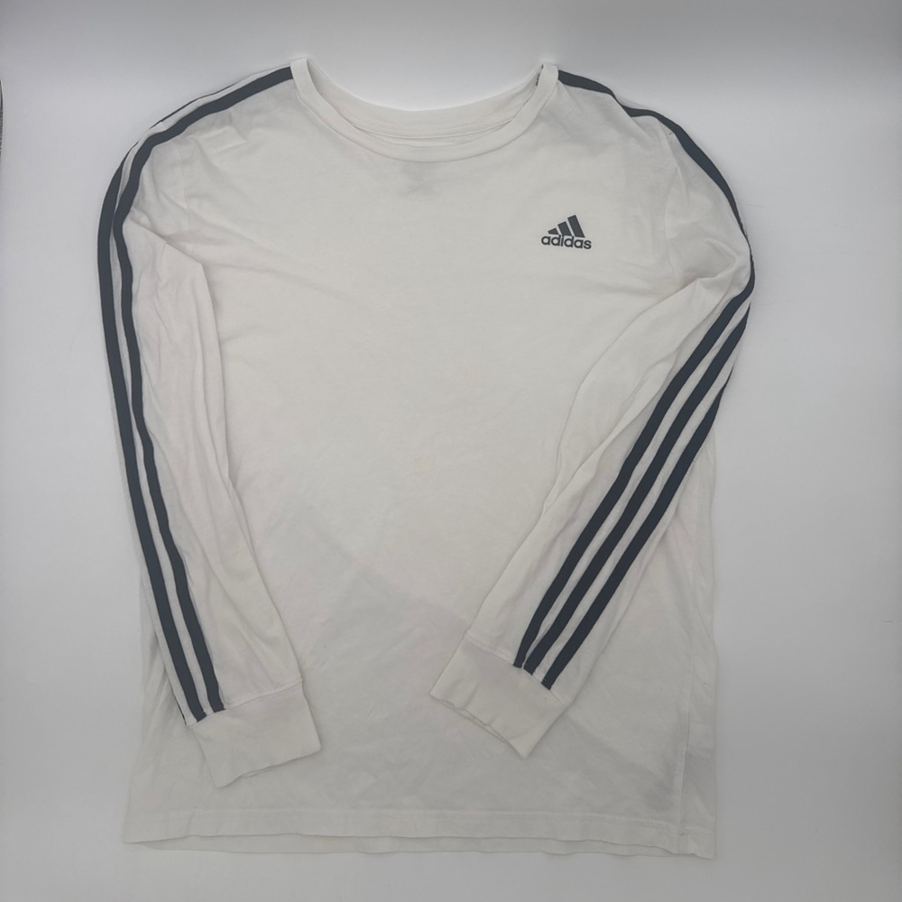 Boys Adidas White Black 3-Stripe Long Sleeve Tee Shirt L (14/16)